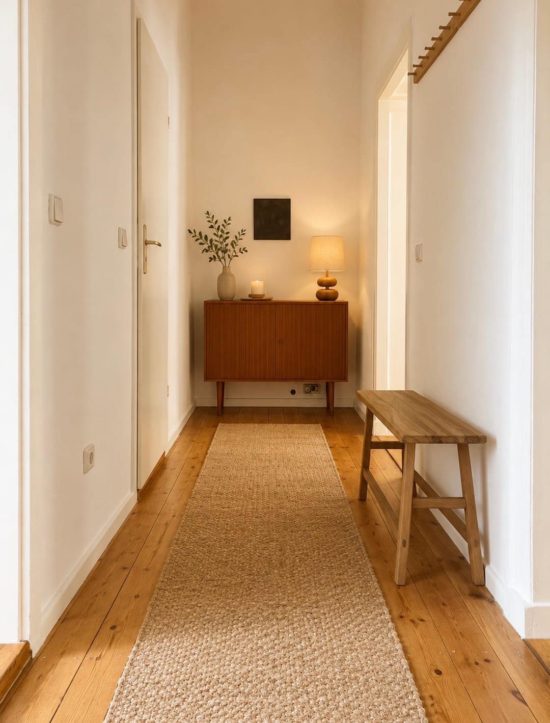 Heller Flur der Yaya-Praxis mit Holzbank, Sideboard und Läufer